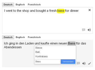 Incorrect translations of <i>bass</i> proposed by a statistical machine translation system.